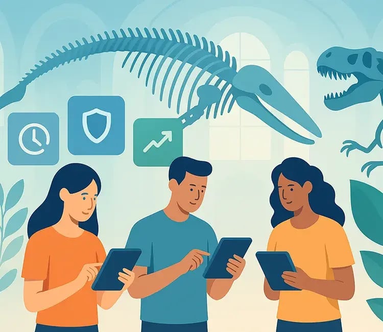 Illustration of three people using tablets in a museum setting with dinosaur skeletons overhead and icons representing time, security, and growth.