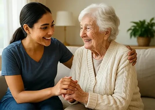 A hospice volunteer warmly holds the hand of an elderly patient in a cozy room, reflecting compassion, dignity, and supportive care.